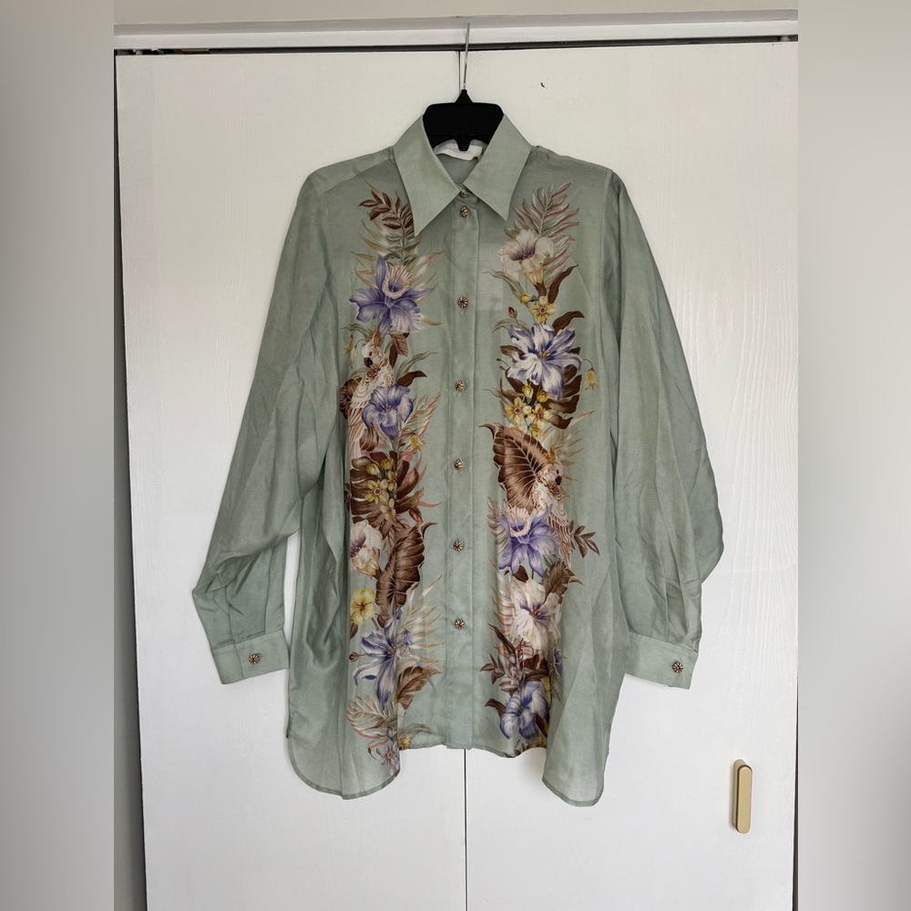 Final Zimmermann Coco Floral Silk Relaxed-Fit Shirt & Trousers Set Sage AU2 US8 - Picture 5 of 16